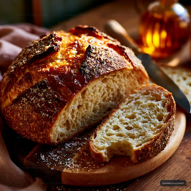 Freshly baked bread on a wooden board with a knife and honey