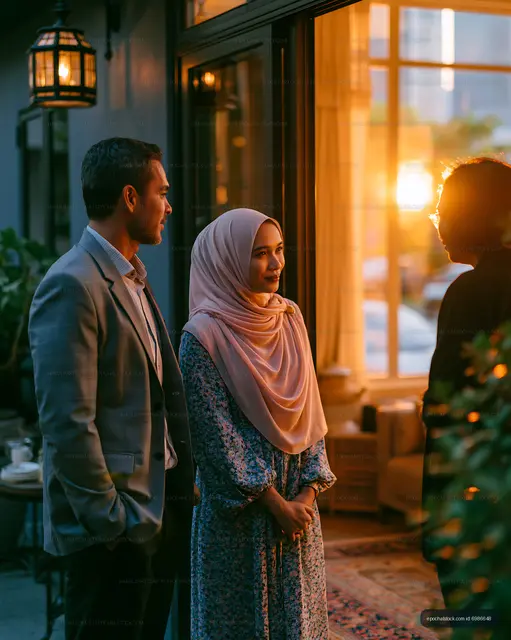 Couple chatting at sunset outside a cozy cafe
