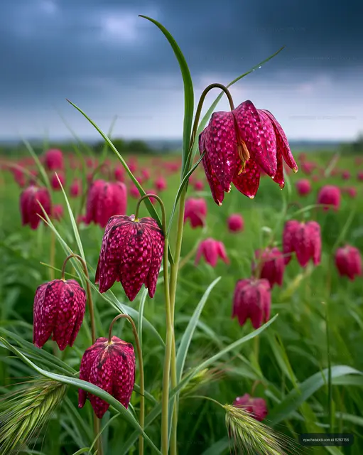 Pink flowers in a green field under a cloudy sky