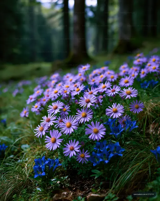 Violet flowers bloom in a forest clearing during daylight