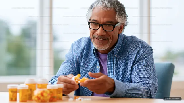 Senior man organizing medication at home