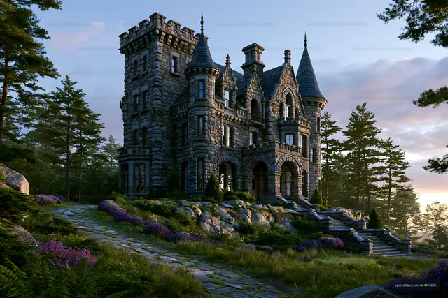 Stone castle surrounded by trees at sunset