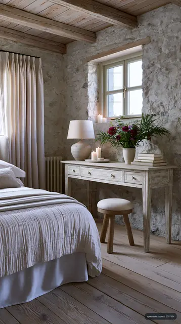 Cozy bedroom with rustic decor and natural light