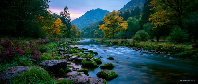 River amid trees and mountains during dusk