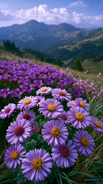 Purple flowers bloom in a lush mountain landscape