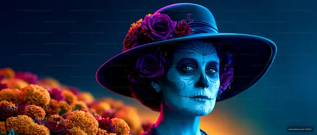 Woman in vibrant makeup during Day of the Dead celebration