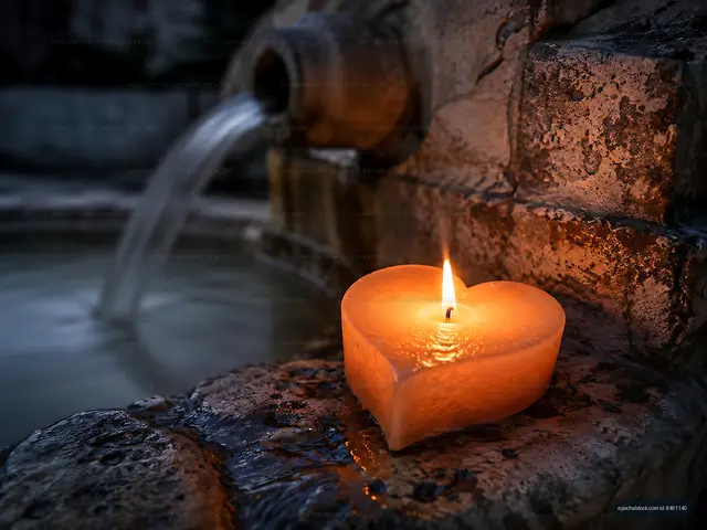 Candlelight near a fountain in a quiet setting