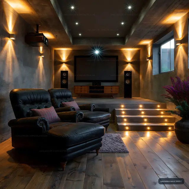 Modern home theater with seating and ambient lighting
