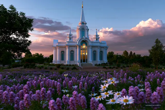 Church surrounded by flowers during sunset