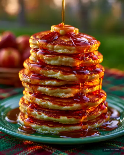 Stack of pancakes with syrup in a natural setting