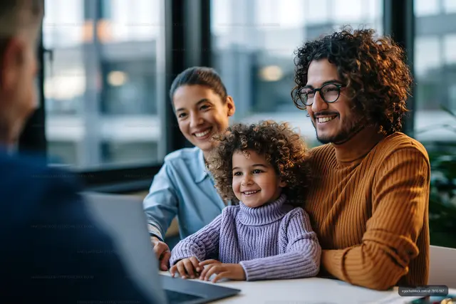 Family enjoying time together at a table with laptop