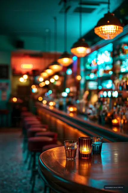 Bar scene with glowing lights and drinks on the table