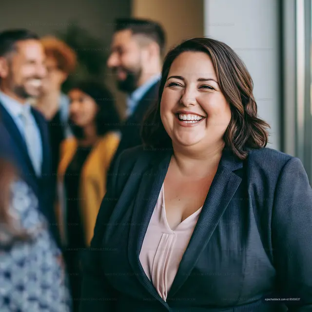 Businesswoman smiling during a corporate event in an office