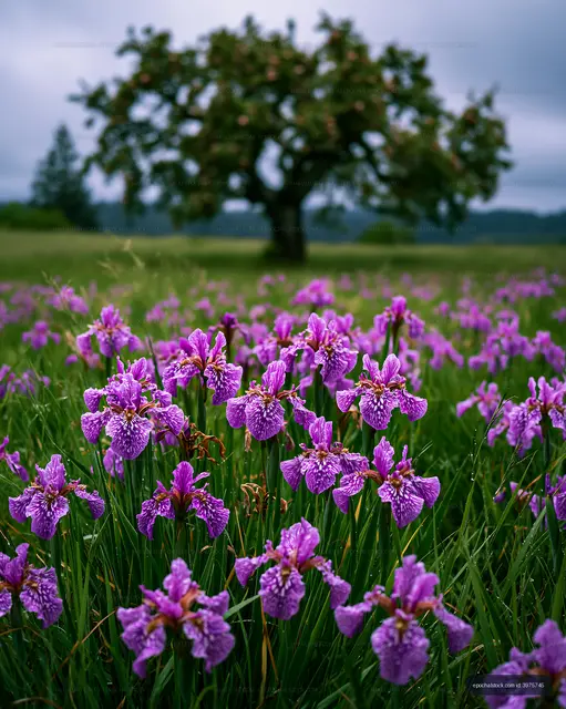 Purple flowers under a tree in a grassy field