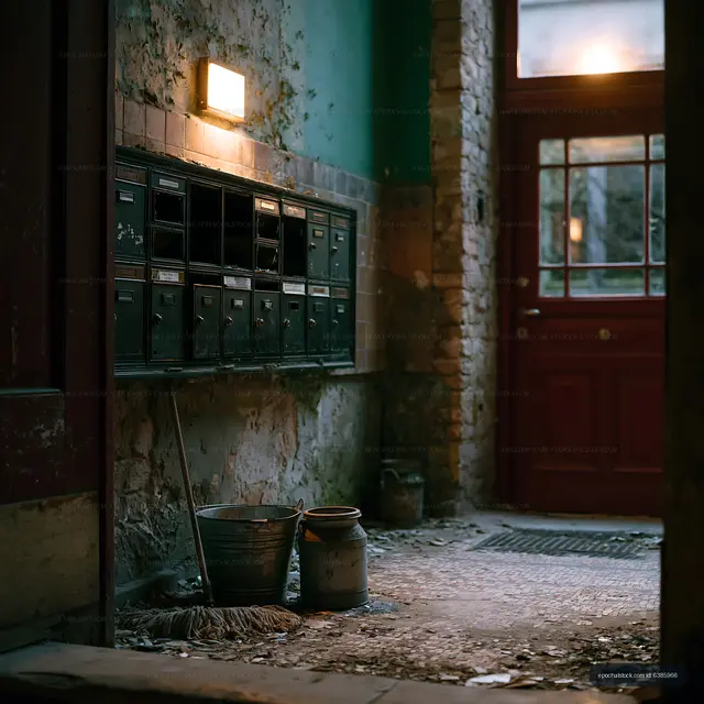 Old entryway with mailboxes and cleaning supplies at dusk