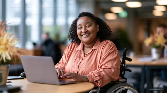 Woman in wheelchair working on laptop in modern office space