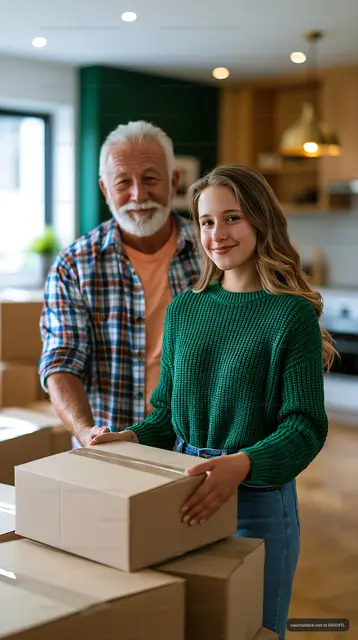 Grandfather and granddaughter packing boxes indoors