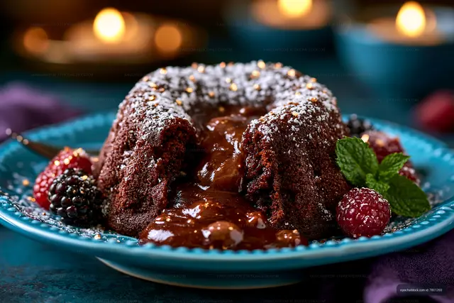 Chocolate lava cake with berries served on a blue plate
