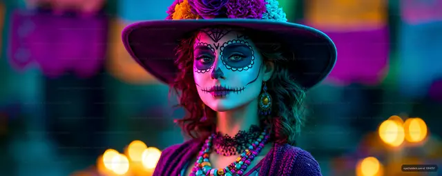 Woman with sugar skull makeup at a festive celebration