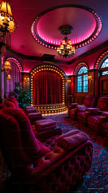 Home theater with red seating and colorful lighting design