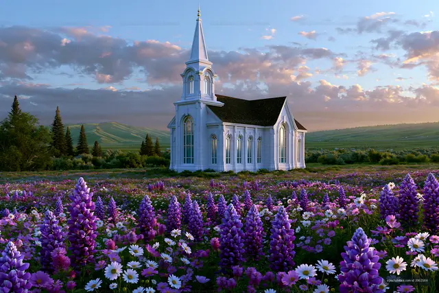 White church surrounded by purple flowers in a countryside field