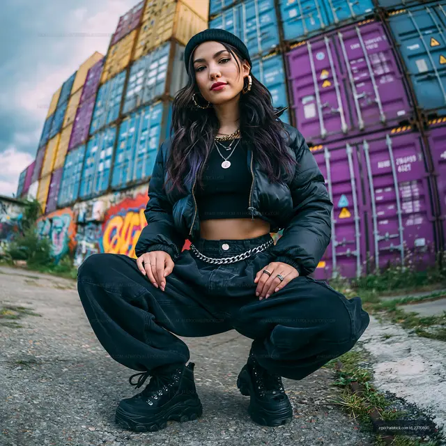 Young woman posing with street art and cargo containers