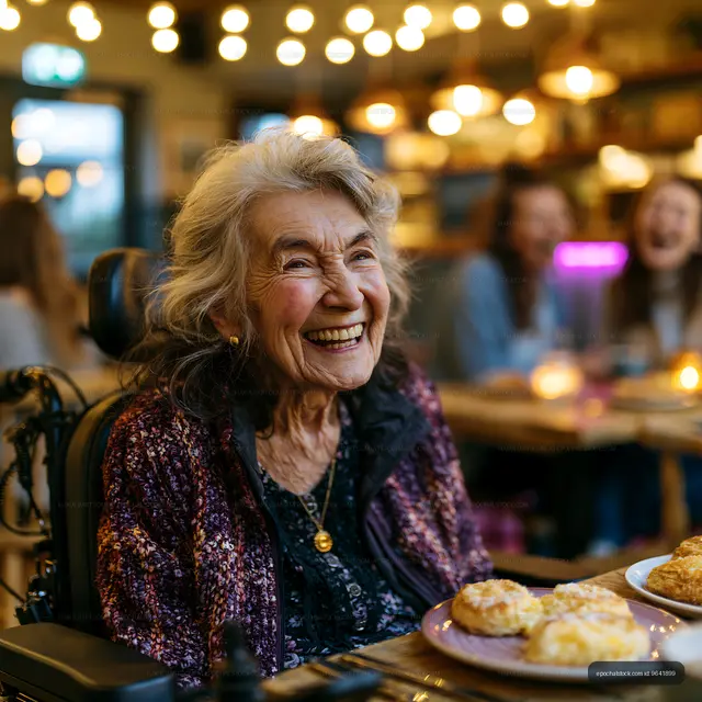 Smiling woman in wheelchair surrounded by friends at a cafe