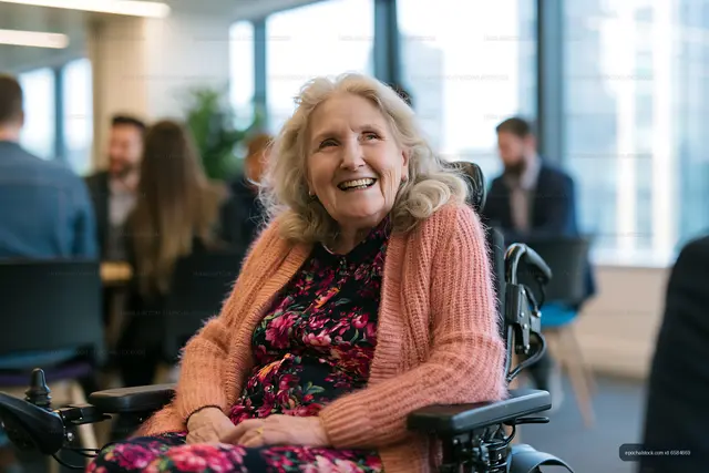 Smiling elderly woman in a wheelchair at a social gathering