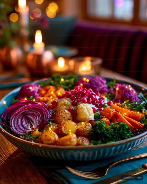 Colorful platter of roasted vegetables with pomegranate seeds