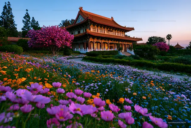 Colorful flowers and a traditional building during sunset