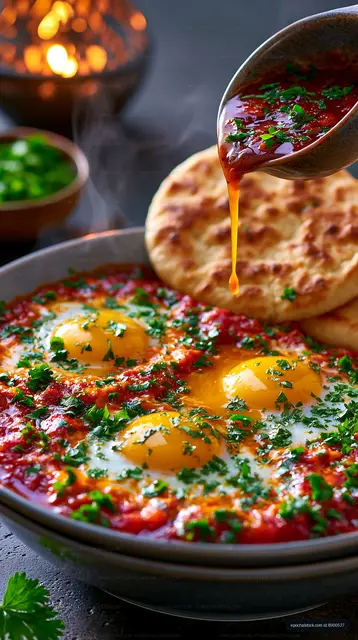 Eggs poached in spicy sauce served with bread
