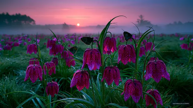Pink flowers in a field during sunrise with butterflies present