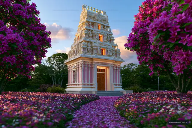 Temple surrounded by bougainvillea flowers in bloom