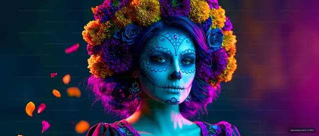 Woman dressed for Day of the Dead celebration with flower crown