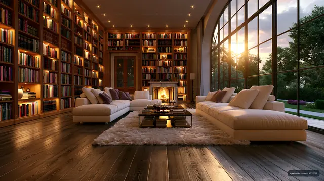 Cozy living room with a fireplace and bookshelves at sunset