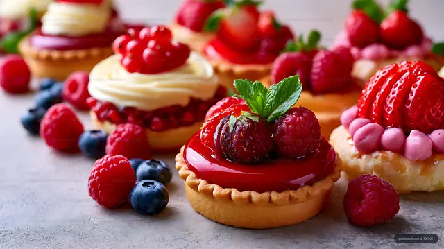Fresh berry desserts on a table in a bakery display