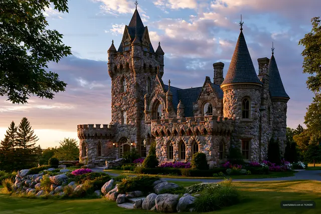 Stone castle with turrets surrounded by trees and gardens at sunset