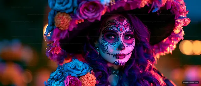 Woman with colorful face paint and floral decoration celebrates