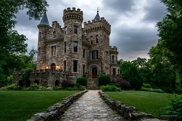Historic stone castle with towers and garden pathway at dusk