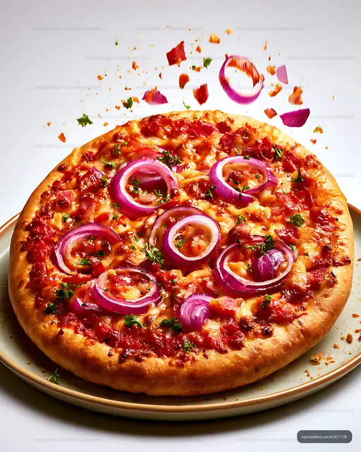 Pizza with red onions on a plate with toppings scattered around