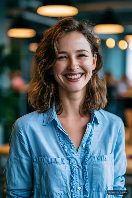 Woman smiling in a cafe with bright lights in background