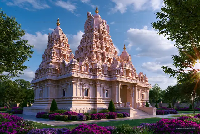 Hindu temple surrounded by flowers and greenery in daylight