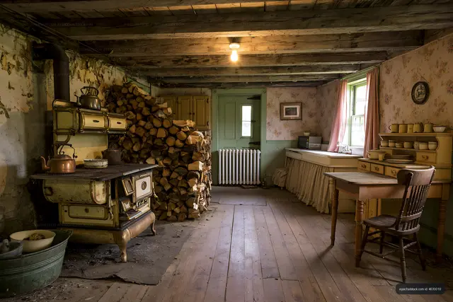 Rustic kitchen interior with firewood and vintage appliances