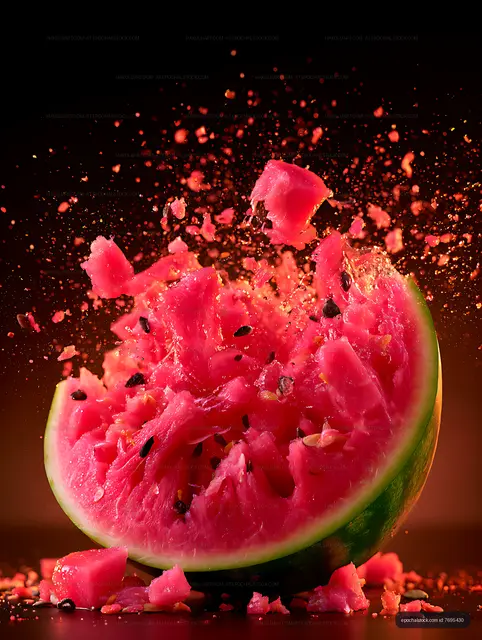 Watermelon explosion with pink flesh and seeds on black background