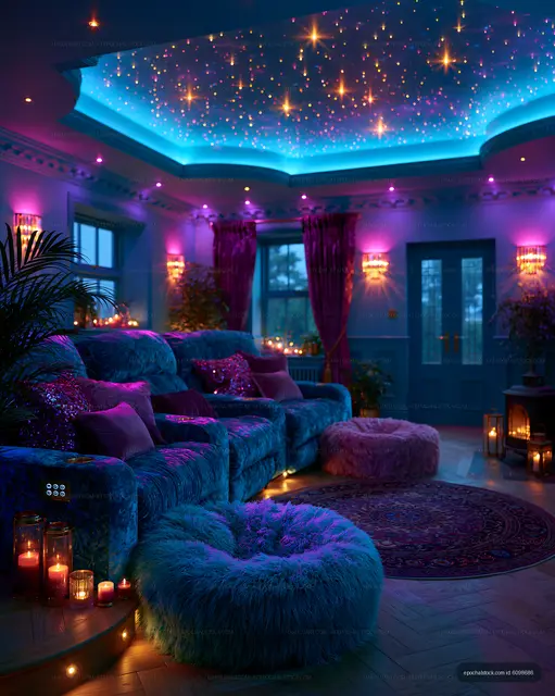 Cozy living room with colorful lights and soft furnishings