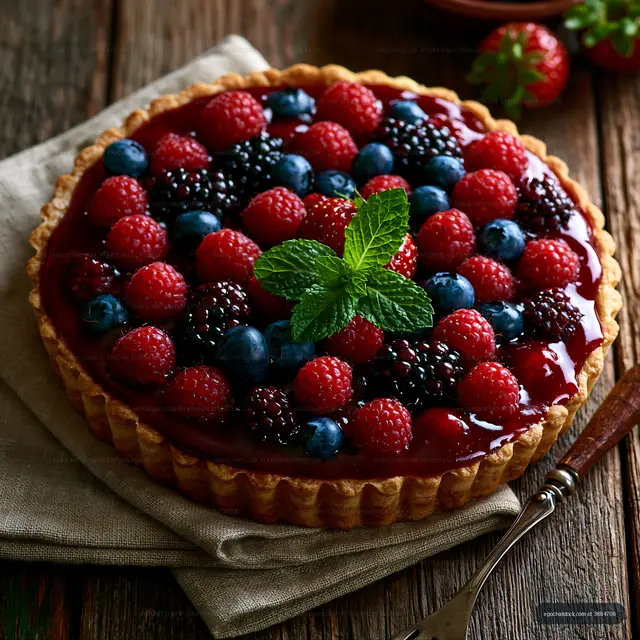 Berry tart with fresh raspberries and blueberries on wooden table