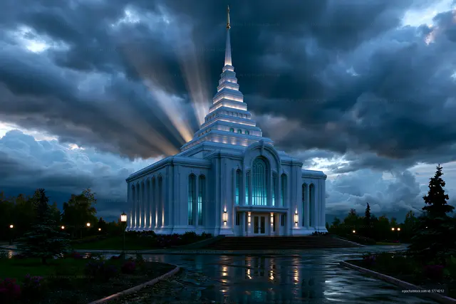 Modern temple at dusk with dramatic clouds and lighting