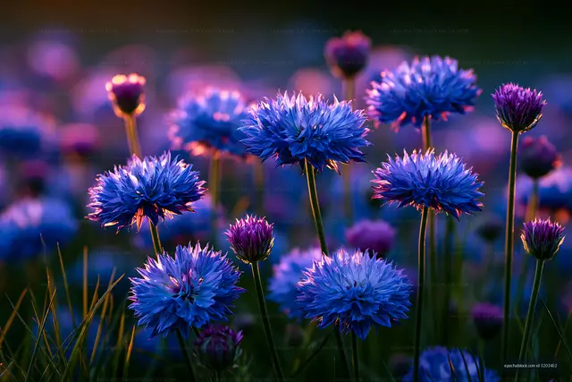 Vibrant blue flowers in a field during sunset