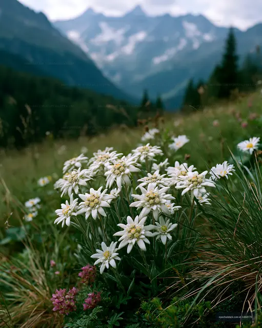 Wildflowers bloom in the mountains under a cloudy sky