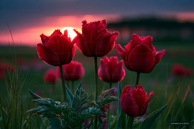 Red tulips bloom at sunset in a flower field